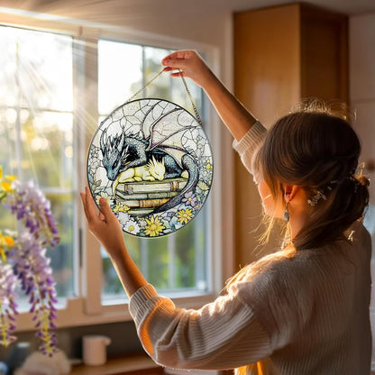 Stained Glass Window Hanging, 8 Inch Dragon Stained Glass Suncatcher, Dragon Decor, Home Decor for Windows, Book Lover Gift, Gifts for Book Lovers, Gifts for Bookworm on Birthday Christmas