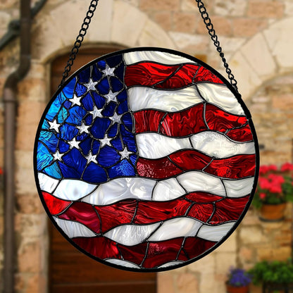 Stained Glass Window Hanging, Blue, White Red National Flag Pattern Sun Catchers Diamond Glass Panel Window Hangings Decor for Birthday Gifts for Women, Men, and Mom 9.8x9.8 in