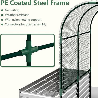 Raised Garden Bed with Arch Trellis for Climbing Plants,Galvanized Raised Garden Bed, Planter Boxes Outdoor for Vegetables Flowers Herb,269 Gallon Capacity Silver