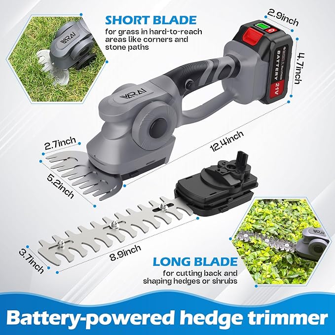 Cordless Hedge Trimmer, 2-in-1 Hedge Trimmer, Ultra Long Battery Life with Battery*2, high-Power and high-Capacity Grass Trimmer for Gardens, Yards and lawns, Including Charger