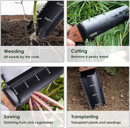 Hori Hori Garden Knife, Garden Tools with Sheath, 6" Stainless Steel Blade with Cutting Edge, Full-Tang Walnut Ergonomic Wood Handle with Hanging Hole, Weeding, Planting, Digging…