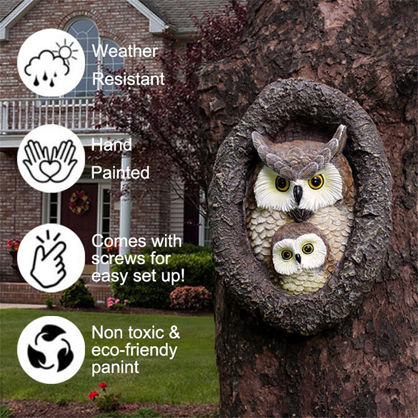 Owl Garden Statues Outdoor Decor, Fake Owl Mum and Baby Decoy to Scare Birds Away, Tree Face Decor Resin Figurine Sculpture Garden Peeker Yard Art Decoration for Patio Housewarming Gifts