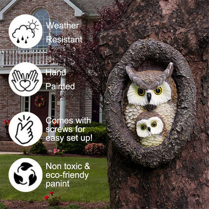 Owl Garden Statues Outdoor Decor, Fake Owl Mum and Baby Decoy to Scare Birds Away, Tree Face Decor Resin Figurine Sculpture Garden Peeker Yard Art Decoration for Patio Housewarming Gifts