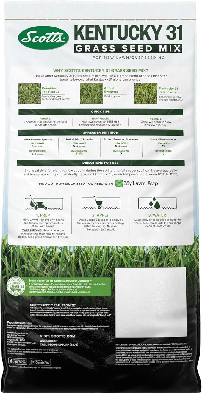 Scotts Kentucky 31 Grass Seed Mix for New Lawns or Overseeding, Grows Thicker and Greener vs. Other Kentucky 31 Mixes, Covers up to 5,000 sq. ft.