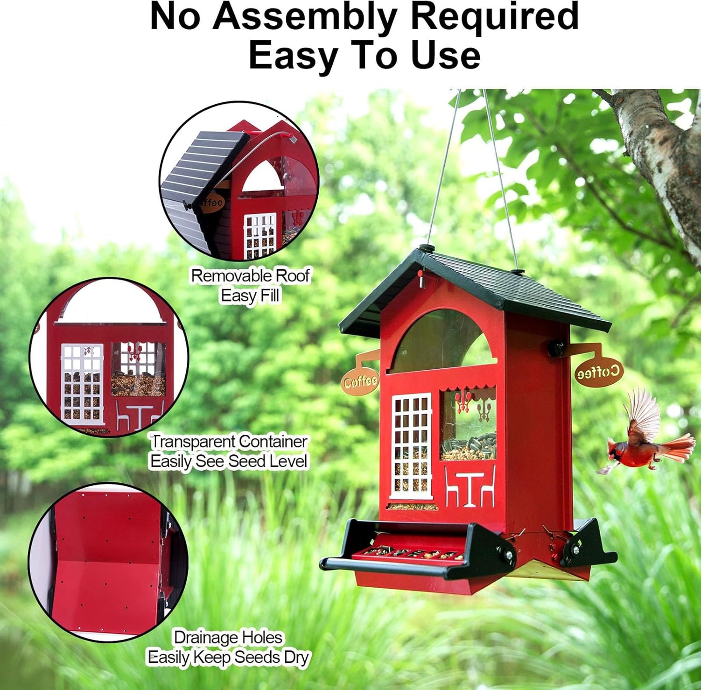 Squirrel Proof Bird Feeders All Metal Bird Seed House Feeder for Outdoors Hanging Weight Activated 5 LB Large Capactiy Easy to Fill & Clean for Outsides Wild Birds Durable & Attract, Red