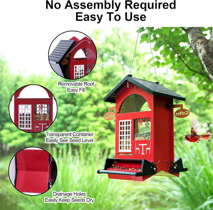 Squirrel Proof Bird Feeders All Metal Bird Seed House Feeder for Outdoors Hanging Weight Activated 5 LB Large Capactiy Easy to Fill & Clean for Outsides Wild Birds Durable & Attract, Red
