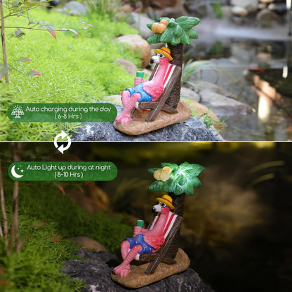 Pink Flamingos for Yard-Solar Garden Statues Gifts - Flamingos on Beach Vacation Light up Coconut Tree for Outdoor Lawn Yard Decor