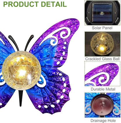Solar Lights Outdoor Garden Butterfly Decor, Metal Butterfly Statue Decoration with LED Crackle Glass Globe, Solar Powered Lighted Garden Art Decor for Patio Lawn Yard Pathway Tabletop Ground