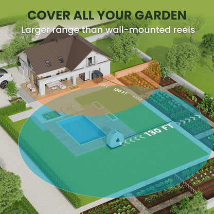 Giraffe Tools Heavy Duty Retractable Hose Reel, 130FT 1/2 Inch Automatic Rewind Garden Hose Reel with Flexible Swivel Base, Ground Mount for Lawn, Patio, and Concrete Floor