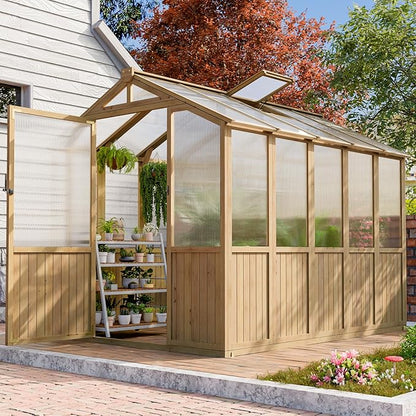 CDCASA 8x6 FT Wooden Greenhouse for Outdoor, Easy Assembly Solid Cedar Frame w/ Polycarbonate Heavy Duty Greenhouses, Outside Garden Walk-in Green House Kit, Adjustable Roof Vent & Lockable Door