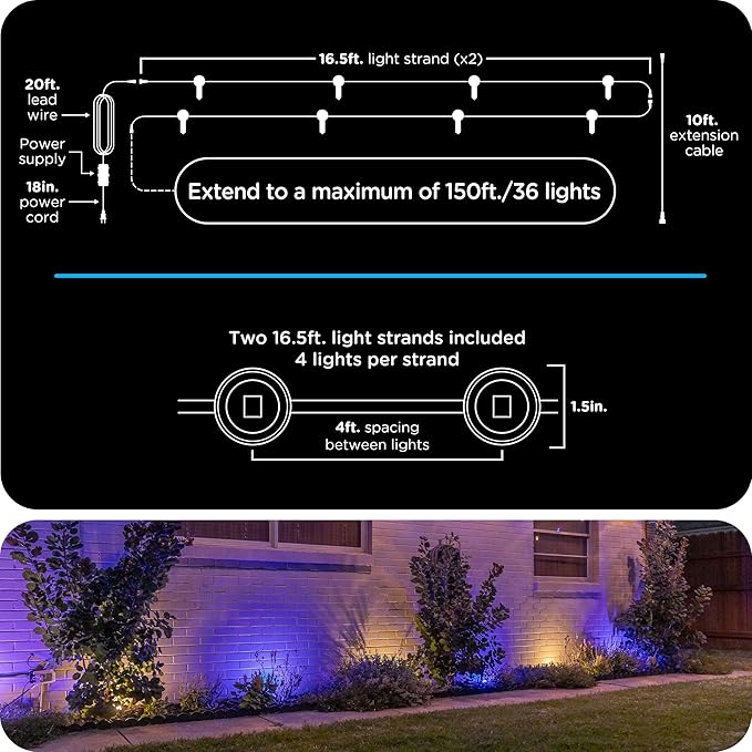 Enbrighten Vibe Eternity Landscape Lights, 33ft, 8 RGBWIC LEDs, Weatherproof, Perfect for Garden, Pathway, and Home Exterior Lighting, Smart App Control, Compatible with Alexa, Google Home, 83789