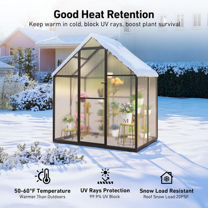 6x4FT Outdoor Greenhouse, Polycarbonate Green House, Small Walk-in Greenhouse with Vented Roof Window, Windproof Aluminum Frame with Hygrometer , Suitable for Gardening