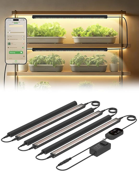 Smart Grow Light for Indoor Plants,3500K Full Spectrum LED Plant Light Strips with 3/9/12H Auto Timer,Stepless Dimming,Modular Design，Plug and Play (Black, 6 Pack 48W)