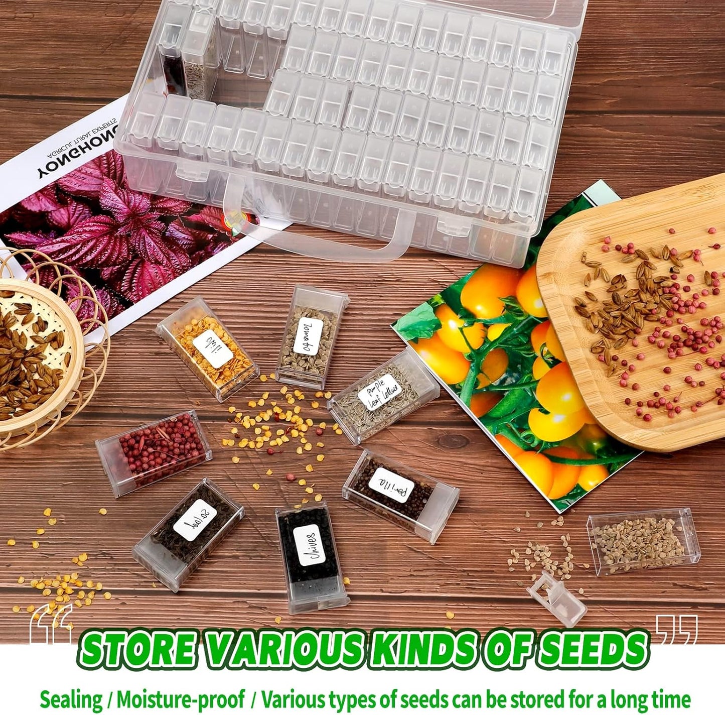 64-Slots Seed Storage Organizer Box with Label Stickers, Seed Storage Container for Flower Plants, Seeds & Bulbs, Flower, Vegetable, Clover and Basil Seeds, Gardening Supplies & Organizer
