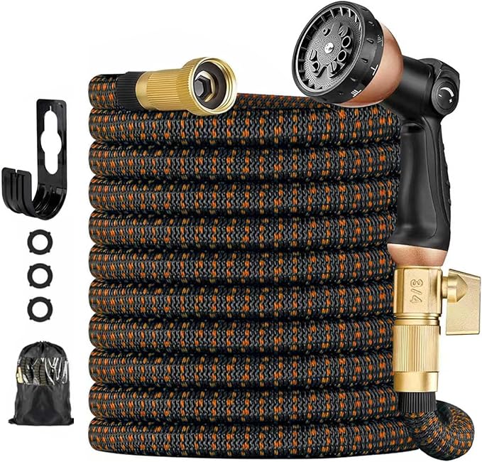 75 ft Expandable Garden Hose - Kink Free Flexible Water Hose with Thumb-Controlled 10-Function Nozzle, 3/4 Solid Brass Connectors, Retractable Latex Core - Lightweight Expanding Hose