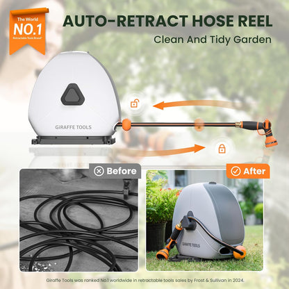 Giraffe Tools 130FT Heavy Duty Ground Retractable Hose Reel, 1/2 Inch Automatic Rewind Garden Hose Reel for Lawn & Yard, Swivel Base for Concrete/Patio, Durable Ground Mount Helper