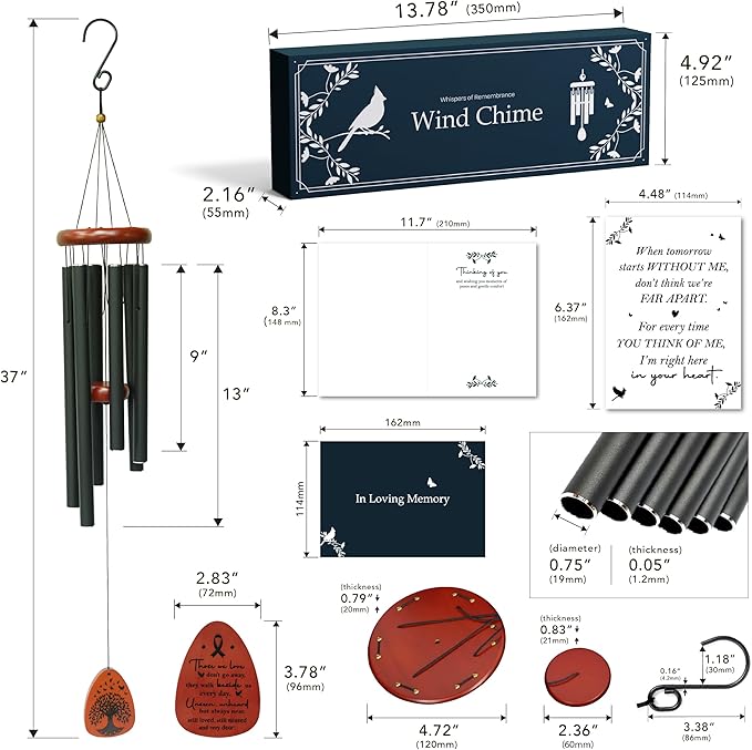 Sympathy Wind Chimes 37 inches Funeral Gift with Premium Packaging and Sympathy Card Memorial for Loss of a Loved One, Outdoor Bereavement Mom Dad Family