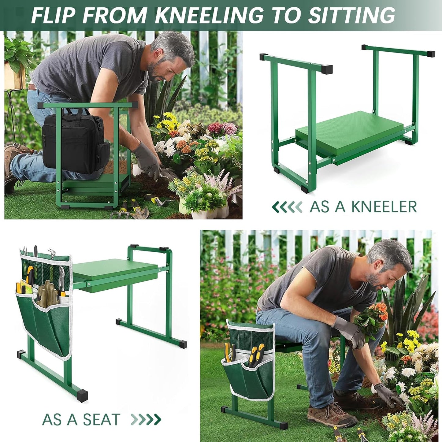 Garden Kneelers Seat, Stable and Save Anti-Tipping Design 10.2" Wider Garden Kneeler and Seat with Handle, Heavy Duty Gardening Stool for Seniors, Gardening Weeding Bench for Gardeners Parents - Green