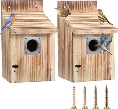 Dreyoo 3 Pack Cedar Bluebird Box Houses for Outside, 1-1/2” Entrance Hole Wooden Bird Houses with Metal Predator Guard, Secure Latch, Fledgling Grooves, Air Vents for Bluebird Wren Swallow Finch