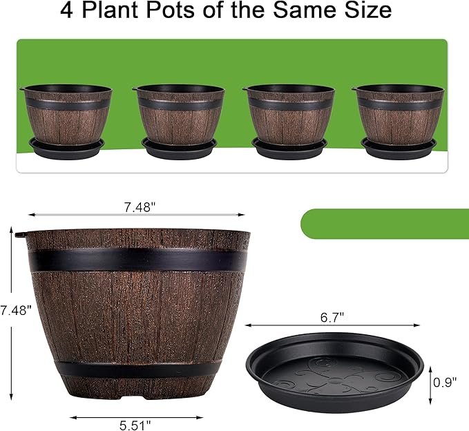 VECELO Plant Pots with Drainage Holes & Saucer, 7.6 Inch Flower Pots with Tray, 4 Pack Plastic Whiskey Barrel Planters for Indoor & Outdoor Garden Home Plants and Flowers