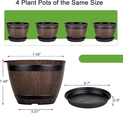 VECELO Plant Pots with Drainage Holes & Saucer, 7.6 Inch Flower Pots with Tray, 4 Pack Plastic Whiskey Barrel Planters for Indoor & Outdoor Garden Home Plants and Flowers