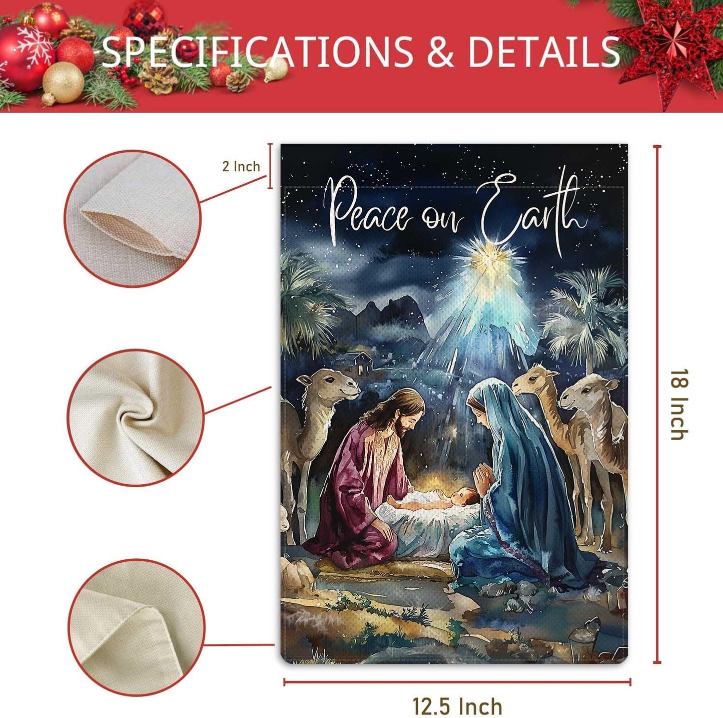 Peace on Earth Garden Flag Jesus Birth Nativity Night Small Flag for Outside Burlap Double Sided Welcome Yard Lawn Winter Decor 12.5x18"