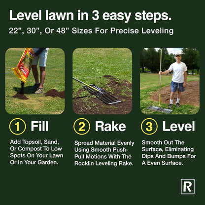 Rocklin™ Lawn Leveling Rake | Levelawn Tool | Level Soil or Dirt Ground Surfaces Easily | 48” x 10” Ground Plate | 78” Extra Long Handle | Stainless Steel