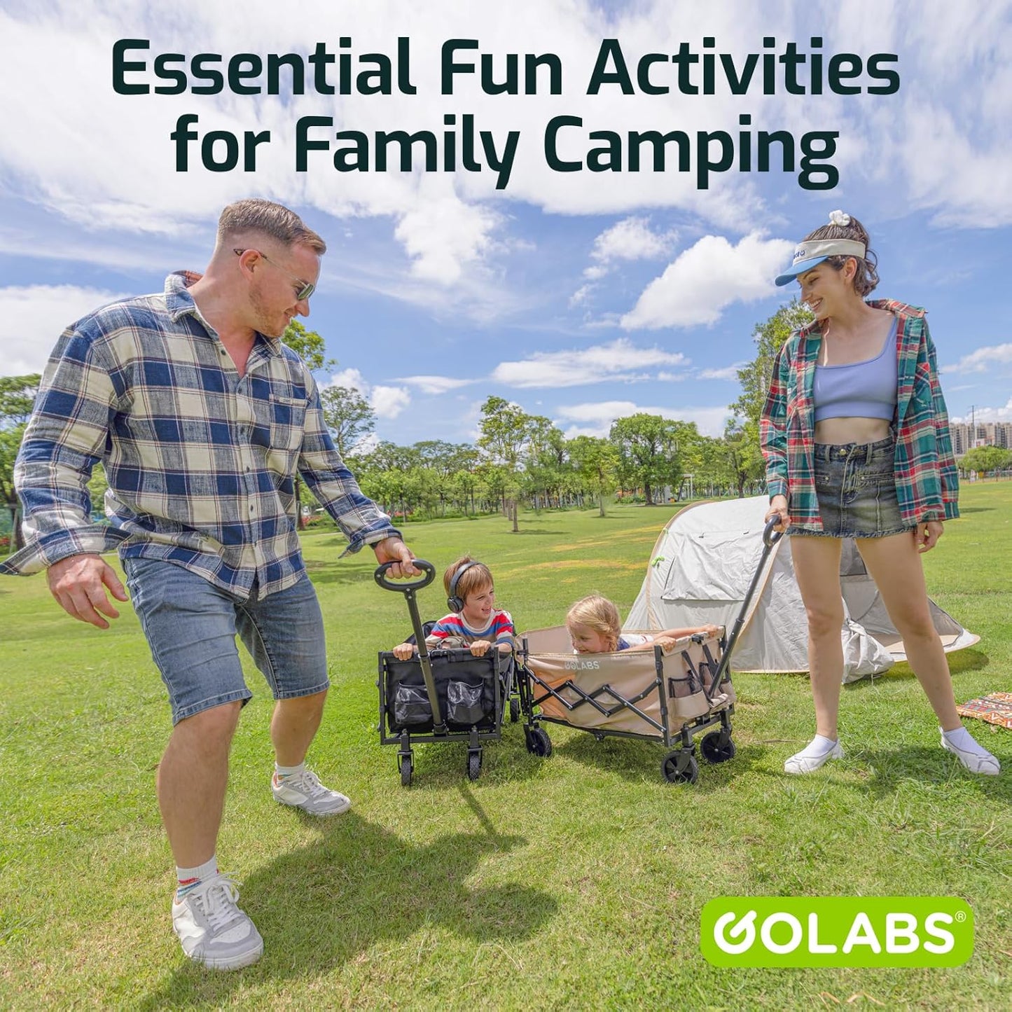 Golabs Collapsible Wagon Cart Max 350lb Load & Expandable Storage 100L, Double Bearing Design for Flexible Steering, Foldable Heavy Duty Garden Cart with 2 Cup Holders for Groceries, Garden & Camping