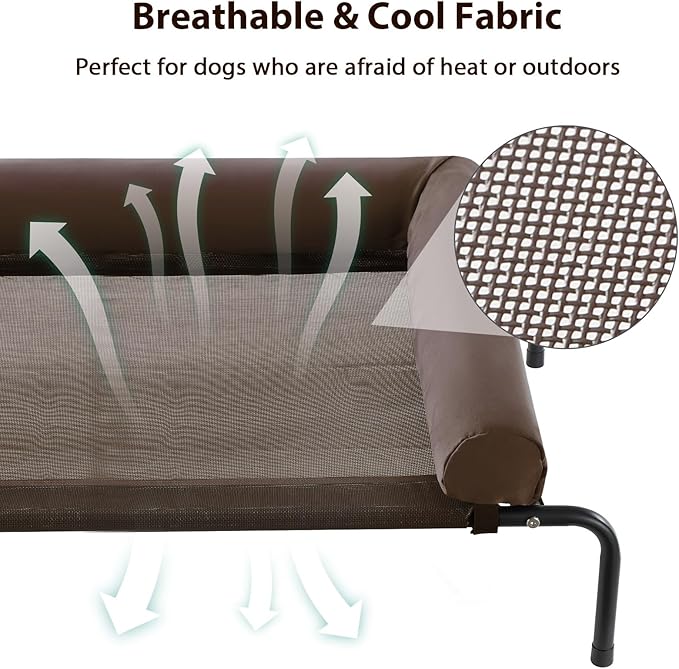 Cooling Elevated Dog Bed for Large Dogs – Waterproof Raised Dog Cot with Slope Headrest, Breathable Teslin Mesh, Durable & Portable Pet Bed for Indoor and Outdoor Use, Brown