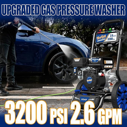 TOOLCY Gas Pressure Washer 3200 PSI & 2.6 GPM, High Performance Engine, Includes Swivel Spray Gun and Wand, 35FT Power Washer Hose, 5 Nozzle Tips, Onboard Soap Tank, for Cars/Driveways/Homes