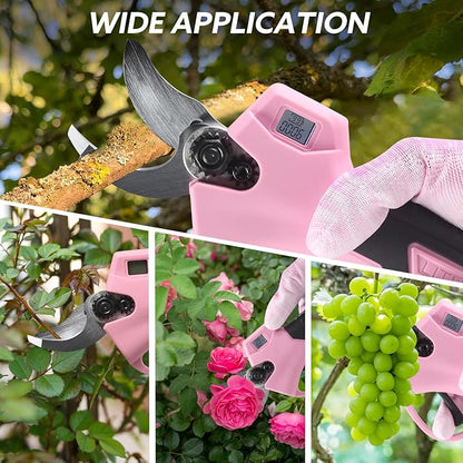 Electric Pruning Shears Cordless Brushless - Professional Battery Powered Pink Pruner, 2 Batteries & Replaceable Blades, Toolbox for Efficient Garden & Landscape Maintenance
