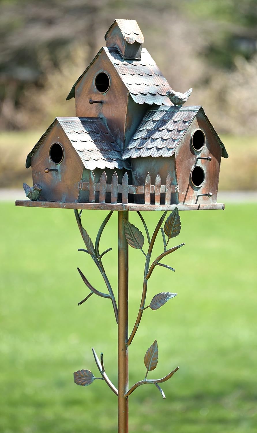 Large Copper Colored Multi-Birdhouse Stakes, Room for 4 Bird Families in Each (Houses Facing Multiple Directions)