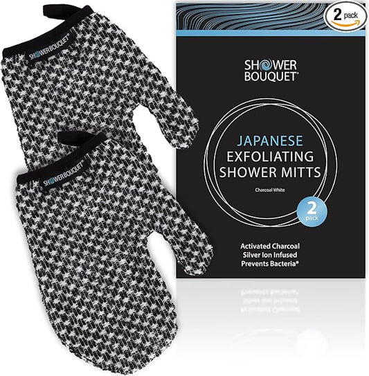Japanese Exfoliating Mitt 2-Pack - Charcoal & Silver Ion Exfoliating Gloves for Shower - Soft Inner Fabric Gentle Exfoliation & Deep Cleansing Body Scrub Gloves for All Skin Types - 2 White