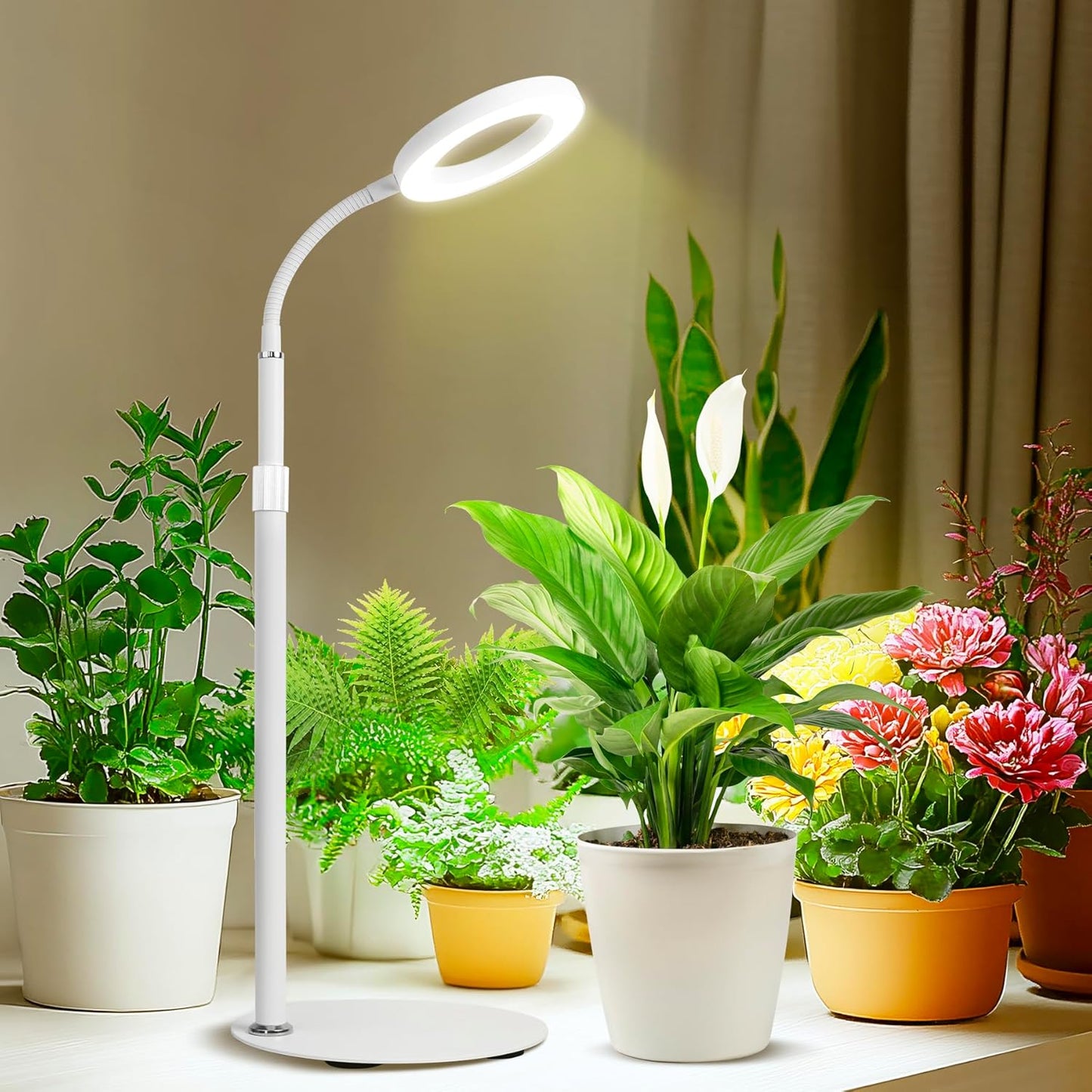 Desk Top Grow Lights for Indoor Plants,Full Spectrum Table Plant Light,24.2" Telescope Stand,UV LED Red Blue Halo Growing Lamp,Adjustable Gooseneck,Auto Timer,3 Lighting Modes,10-Level Dimmable