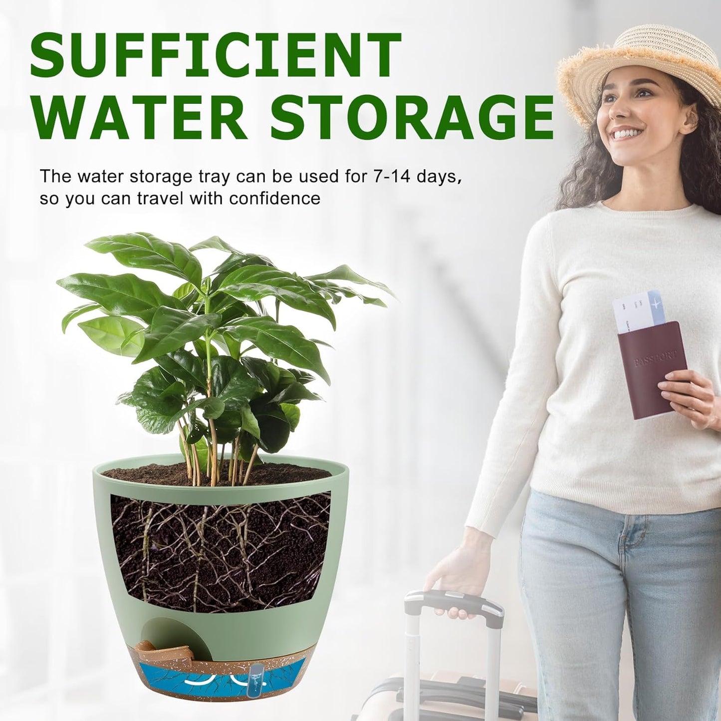 Self-Watering Plant Pots with Water Level Indicator, Drainage Holes & Saucers – 12/10/9 Inch Large Plastic Planter Set for Indoor & Outdoor Plants (Green)