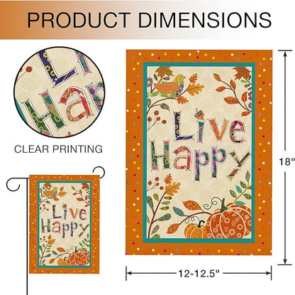 Hzppyz Live Happy Fall Garden Flag Double Sided, Inspirational Quote Autumn Pumpkin Bird Leaves Decorative Yard Outdoor Home Small Decor, Positive Farmhouse Outside House Decoration 12 x 18