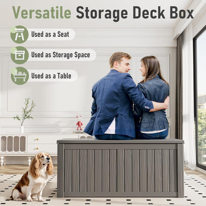 Outdoor Storage Box, Resin Deck Boxes Indoor and outdoor, Waterproof Storage Box Lockable Lid (Grey, 120 Gallon)