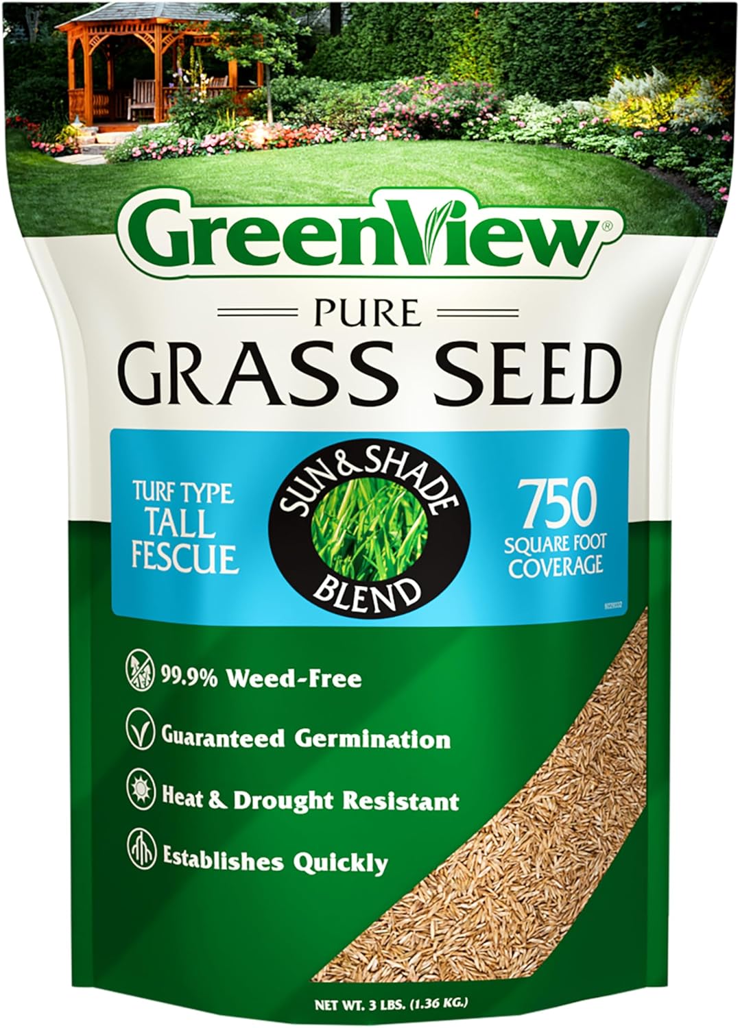 GreenView Pure Grass Seed Turf Type Tall Fescue Sun & Shade Blend, 3 lb. Bag – Covers up to 750 sq. ft.