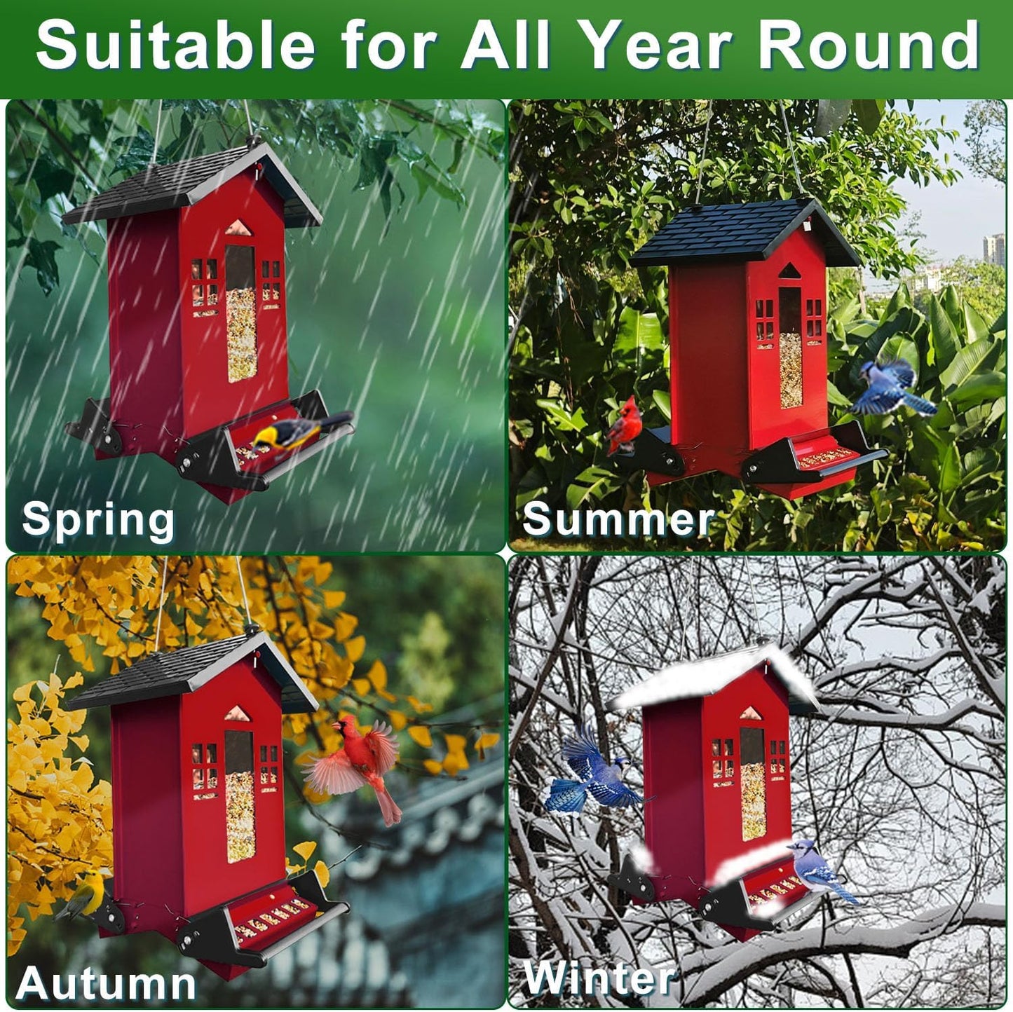 Squirrel Proof Bird Feeder, 6LBS Hanging Bird Seed Feeders for Outdoors, Weight-Activated Perches Metal Wild Birdfeeder for Blue Jay, Cardinal, Garden (Red)