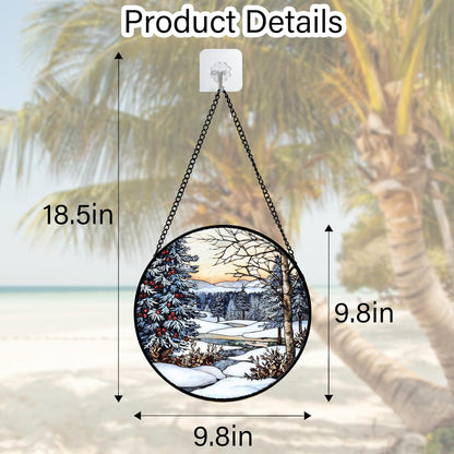Stained Glass Window Hanging, Winter Snow Landscape Suncatcher Diamond Glass Panel Sun Catchers Decor for Birthday for Women, Men, Wife, Aunt, and Mom 9.8 in