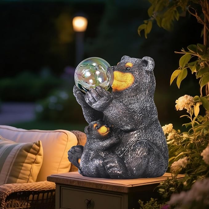 Solar Garden Statues Loving Bear Figurine with Ballon Lights for Outside, Yard Decorations Outdoor, Garden Decor Unique Birthday Housewarming Gifts for Mom, Women