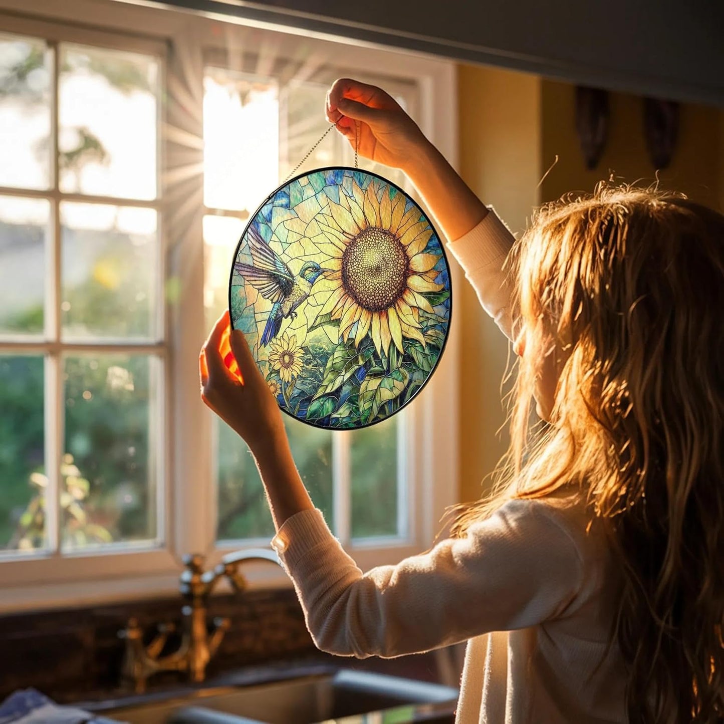 Hummingbird Stained Glass Suncatcher, Sunflower Window Hanging Stained Glass Suncatcher Hummingbird Window Hanging Garden Decor for Mom, Grandma, Birthday Gifts for Women Bird Lovers