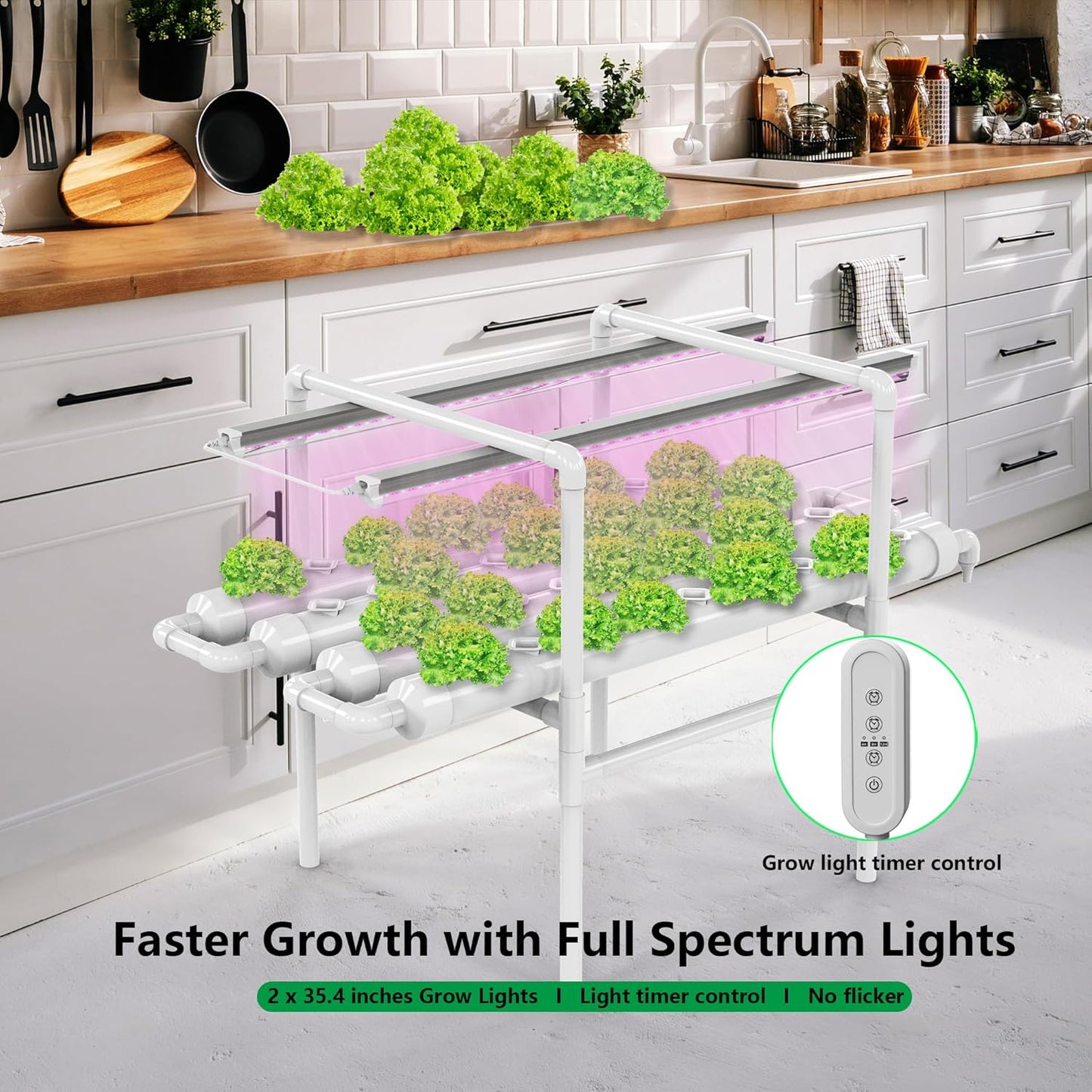 NFT Hydroponic Growing System Kit - Full-Spectrum Grow Lights ＆ Timer | 36 Plant Sites | Food-Grade PVC-U Pipes | Auto Water Pump & Timer | Indoor Gardening for Leafy Greens, Lettuce & Herbs