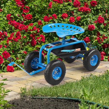 Outvita Garden Cart Gardening Workseat w/Wheels, Rolling Work Seat with Adjustable 360 Degree Swivel Seat, Basket and Tool Tray, Patio Wagon Scooter for Lawn Yard Outdoor Planting（Blue）