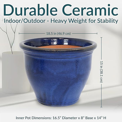 Sunnydaze Large Ceramic Plant Pot - Round Outdoor Glazed Ceramic Planter Pot with Drainage - Studio - Imperial Blue - 18.5"