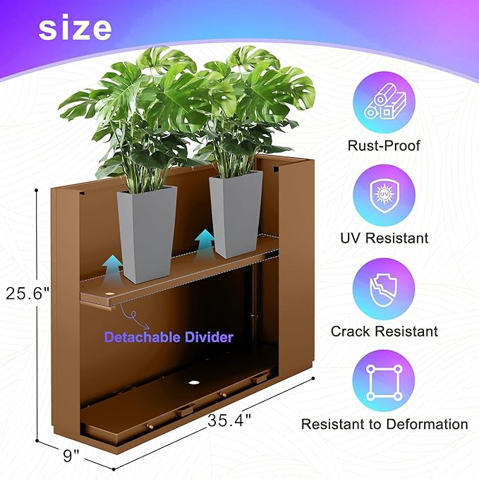 Metal Planter Boxes Outdoor Rectangular Planter 35" L x 9" W x 26" H, Large Planters for Plants with Drainage Holes, Brwon Rectangle Planters for All-Weather Use