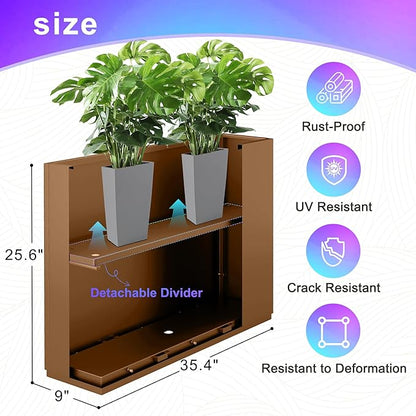 Metal Planter Boxes Outdoor Rectangular Planter 35" L x 9" W x 26" H, Large Planters for Plants with Drainage Holes, Brwon Rectangle Planters for All-Weather Use