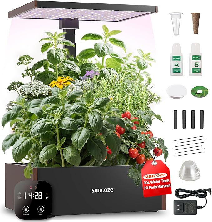 SUNCOZE 20 Pods Hydroponics Growing System Kit, Indoor Herb Garden with 30W LED Grow Light, 10L Large Water Tank, Up to 25" Height, Plants Germination Kit with Quiet Pump, Black