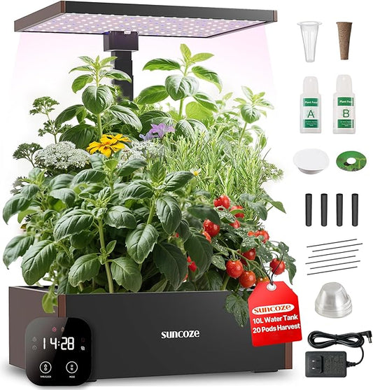 SUNCOZE 20 Pods Hydroponics Growing System Kit, Indoor Herb Garden with 30W LED Grow Light, 10L Large Water Tank, Up to 25" Height, Plants Germination Kit with Quiet Pump, Black