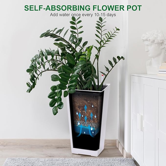 GarveeLife 22.5 in Tall Planters Set of 2, Outdoor＆Indoor Black Planter Pots, High Front Porch Planter Pots with Drainage Holes＆Water Level Monitor＆Inner Bucket, Automatic Watering, White